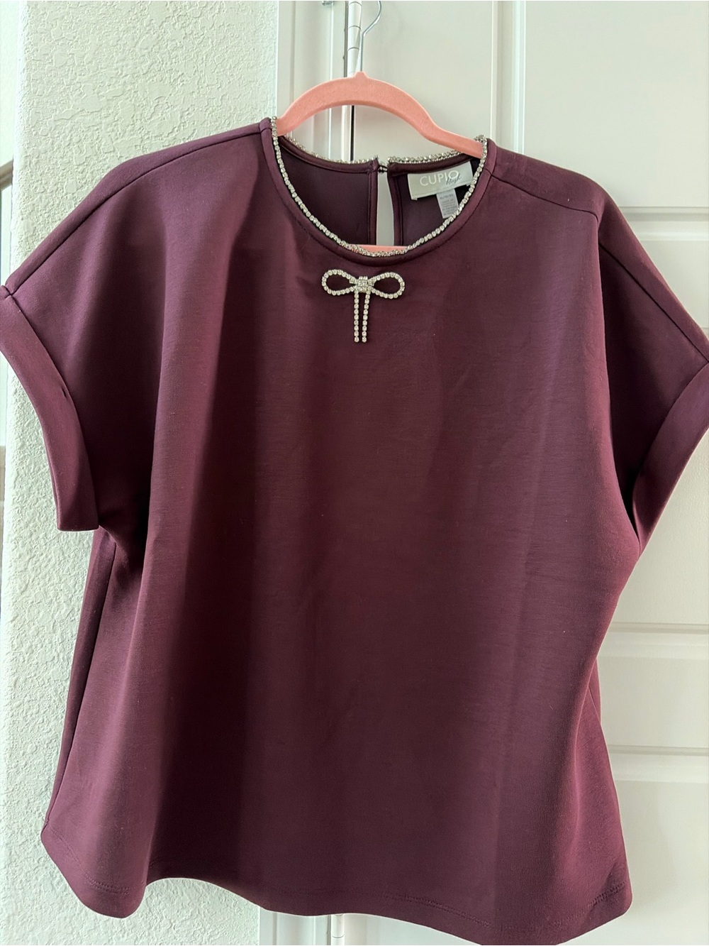 Cupio Plum Short-Sleeve Top with Rhinestone Bow